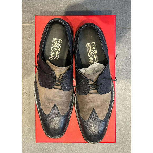 Salvatore Ferragamo Mens Oxford Wingtip Shoes Size 9.5 Black/Brown Suede Leather